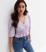 New Look Lilac Ribbed Ruched Tie Front Crop Top